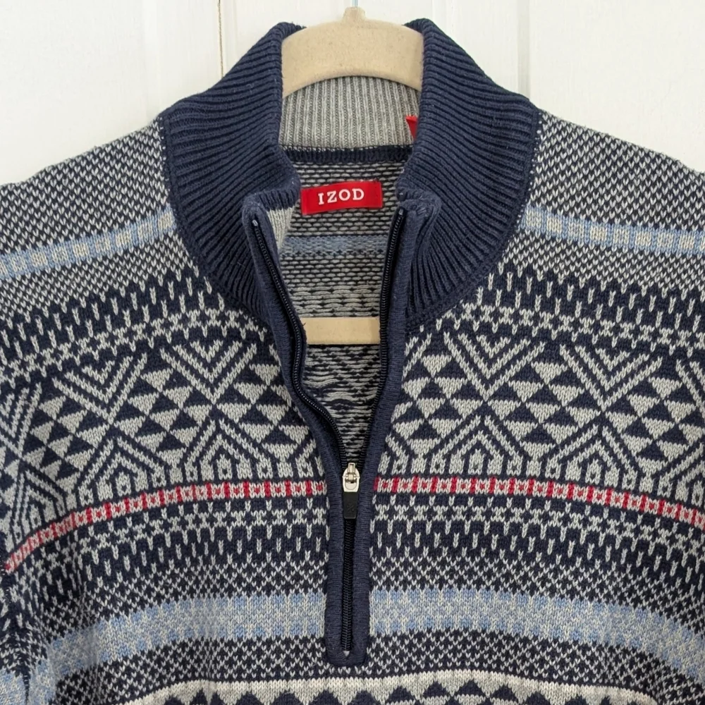 Izod Mens Nordic Fair Isle Sweater XTRA LARGE Preppy Grandpa Elbow Patch 1/4 Zip